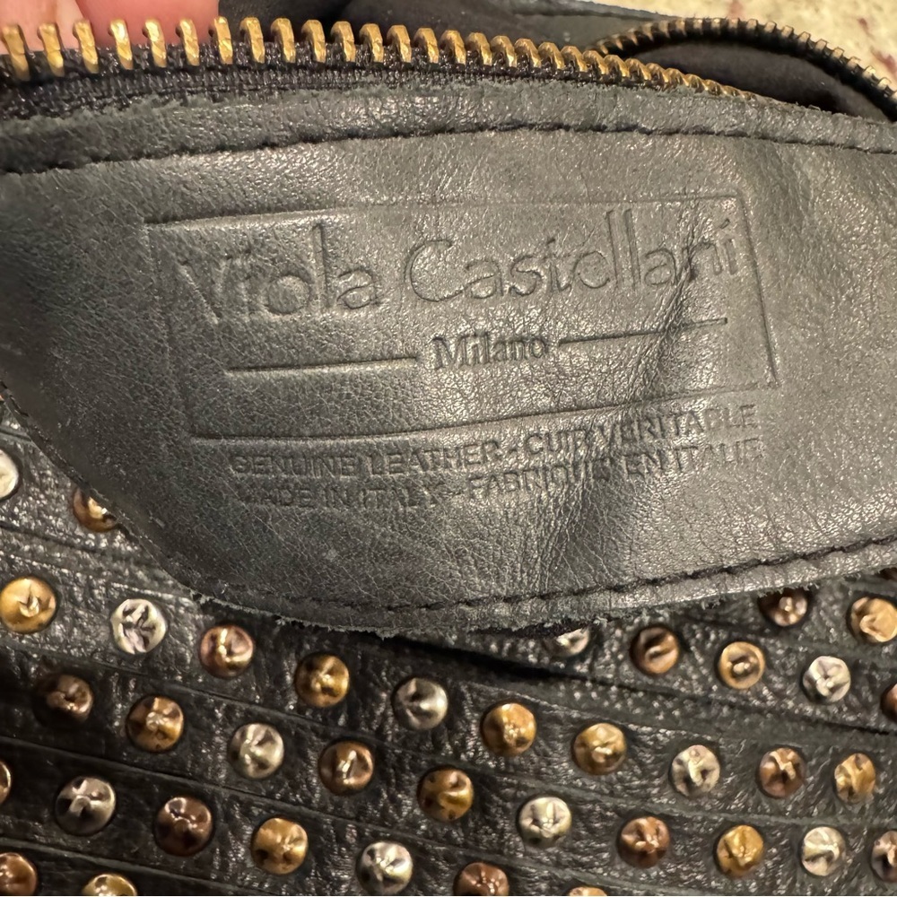 VIOLA CASTELLANI Made In Italy Leather Vintage Black Studded Crossbody Bag Purse - Picture 8 of 9